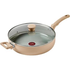 image:imageTFal Specialty Nonstick Saute Pan with Glass Lid 5 Quart Oven Broiler Safe 350F Cookware Deep Frying Pan with Handle Skillet Kitchen Pots and Pans Dishwasher Safe BlackBeige
