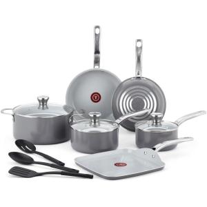 image:imageTfal Advanced Nonstick Cookware Set 12 Piece Oven Broiler Safe 350F Kitchen Cooking Set WFry Pans Saucepans Deep Saute Dutch Oven amp Kitchen Utensils Pots and Pans Dishwasher Safe BlackCeramic