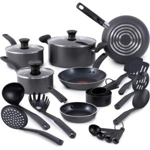image:imageTfal Initiatives Nonstick Cookware Set 18 Piece Oven Broiler Safe 350F Kitchen Cooking Set wFry Pans Saucepans Saute Pan Dutch Oven Griddle Pots and Pans Home Dishwasher Safe RedStone Gray
