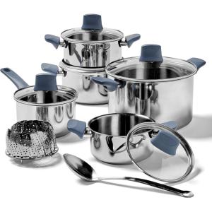 image:imageTfal Essentials Stainless Steel Cookware Set 2Piece 8 and 105 Induction Compatible Oven Safe 350F Pots and Pans Set Cooking Skillets Cookware Kitchen Frying Pans SilverBlue12Piece Set