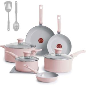 image:imageTFal Refresh Ceramic Nonstick Cookware Set 20Piece Oven Safe to 350F Stockpot Ceramic Pots and Pans Set Frying Pans Griddle Utensils Mint GreenDusty Rose