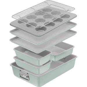 image:imageTfal Refresh Ceramic Nonstick Baking Pans Set 8 Pc Roaster 12Cup for Muffins Loaf Trays Baking Sheets Non Stick Cooling Cooking Rack Stackable Bakeware Set Mint Green8Piece