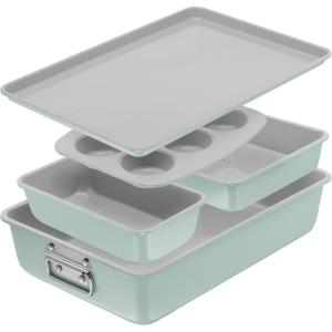 image:imageTfal Refresh Ceramic Nonstick Baking Pans Set 8 Pc Roaster 12Cup for Muffins Loaf Trays Baking Sheets Non Stick Cooling Cooking Rack Stackable Bakeware Set Mint Green5Piece