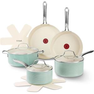 image:imageTFal Inspire Nonstick Ceramic Cookware Set 10Piece Oven Safe to 500F Stockpot Ceramic Pots and Pans Set Frying Pans Saucepans Stockpot Protectors Mint Green10Piece