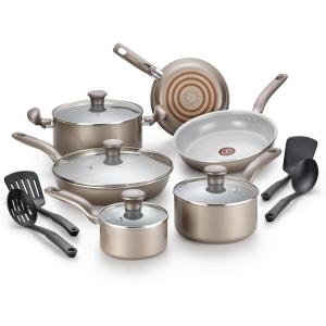 image:imageTfal Initiatives Ceramic Non Stick Cookware Set 14 Piece Oven Broiler Safe 350F Kitchen Cooking Set WFry Pans Saucepans Dutch Oven Utensils Healthy Cooking Home Pots and Pans Gold14Piece